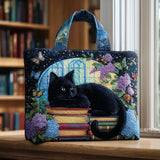 ハンドメイドトートバッグ - 本の上の黒猫