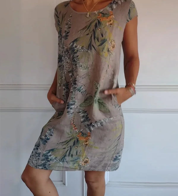 グレース™ コットンリネンのラウンドネックプリントドレス（女性用）