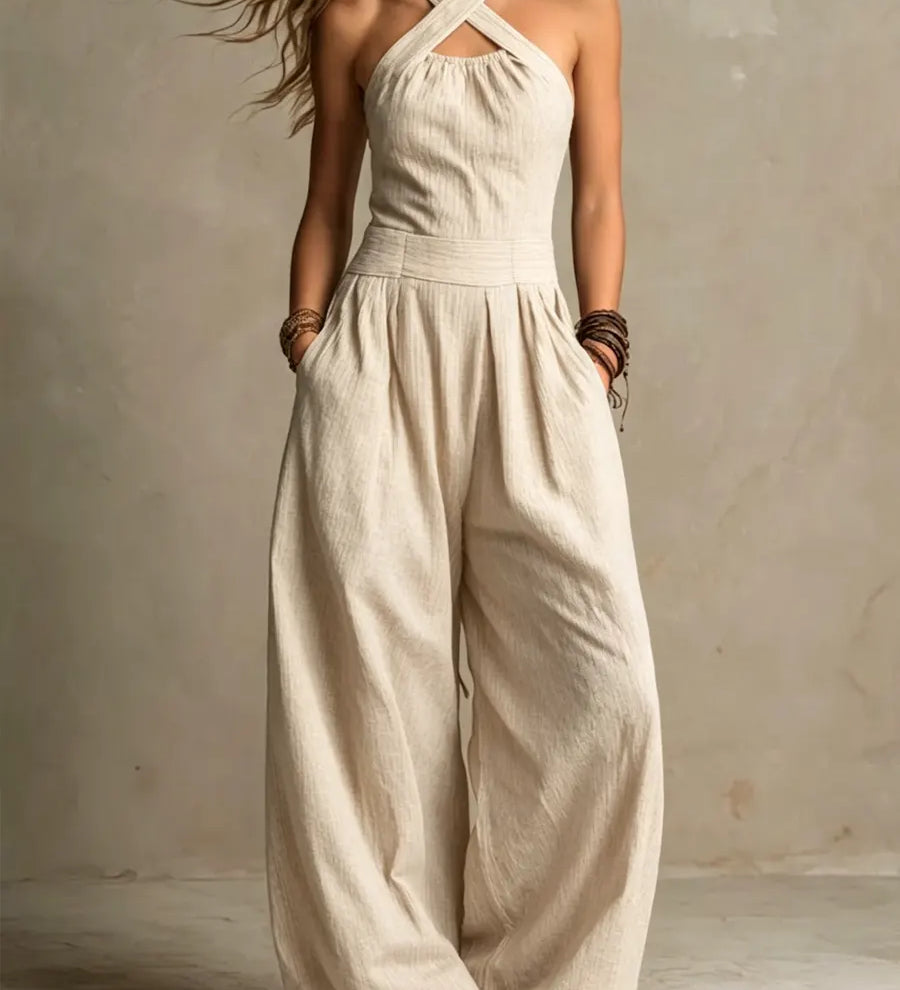 ビアンカ | エレガントなクロスネックのリネンとコットンのジャンプスーツ（女性用）